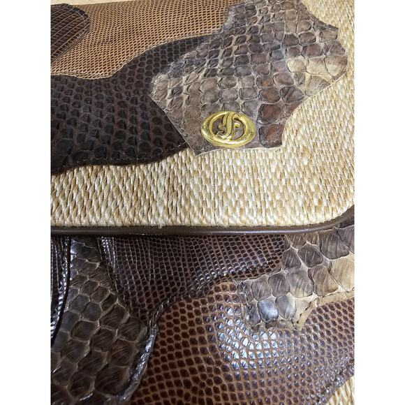 Carlo Fiori Vintage Envelope Straw & Snakeskin Clutch W/ Snap Closure - Picture 2 of 12